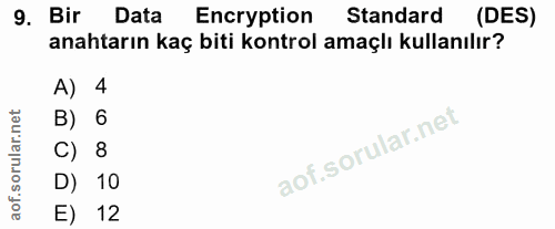 9. soru: Bir Data Encryption Standard (DES) anahtarın kaç biti kontrol amaçlı kullanılır? A) 4 B) 6 C) 8 D) 10 E) 12