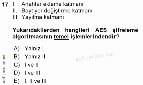 17. soru: I. Anahtar ekleme katmanı Il. Bayt yer degiştirme katmanı IlI. Yayılma katmanı Yukarıdakilerden hangileri AES şifrele…