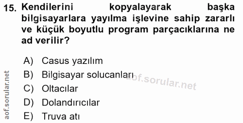 15. soru: Kendilerini kopyalayarak başka bilgisayarlara yayılma işlevine sahip zararlı ve küçük boyutlu program parçacılarına n…