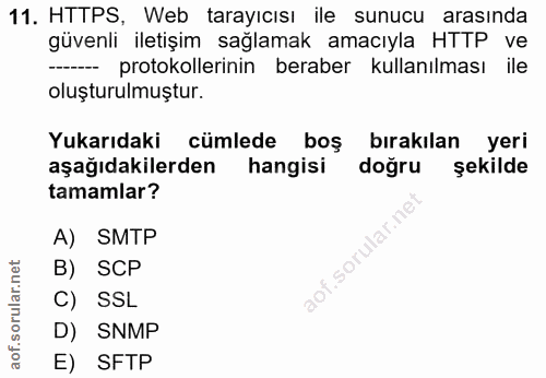 11. soru: HTTPS, Web tarayıcısı ile sunucu arasında güvenli iletişim sağlamak amacıyla HTTP ve -- protokollerinin beraber kulla…