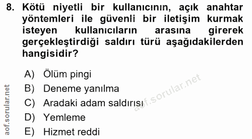 8. soru: Kötü niyetli bir kullanıcının, açık anahtar yöntemleri ile güvenli bir iletişim kurmak isteyen kullanıcıların arasina…