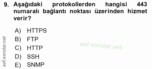 9. soru: Aşağıdaki protokollerden hangisi 443 numaralı bağlantı noktası üzerinden hizmet verir? A) HTTPS B) FTP C) HTTP D) SSH…