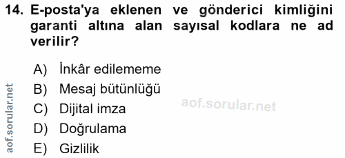 14. soru: E-posta'ya eklenen ve gönderici kimliğini garanti altına alan sayısal kodlara ne ad verilir? A) Inkâr edilememe B) Me…
