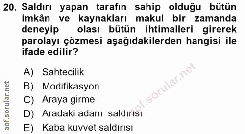 20. soru: Saldırı yapan tarafın sahip olduğu bütün imkân ve kaynakları makul bir zamanda deneyip olası bütün ihtimalleri girere…