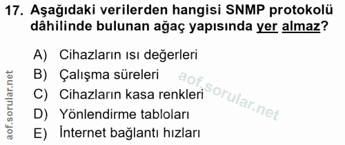 17. soru: Aşağıdaki verilerden hangisi SNMP protokolü dâhilinde bulunan ağaç yapısında yer almaz? A) Cihazların ısı değerleri B…