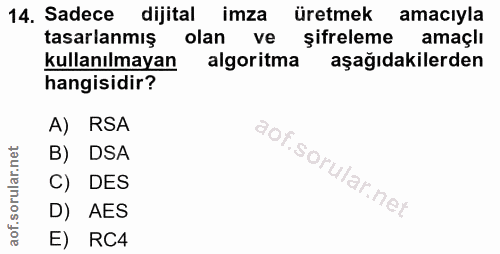 14. soru: Sadece dijital imza üretmek amaciyla tasarlanmış olan ve șifreleme amaçlı kullanılmayan algoritma aşağıdakilerden han…