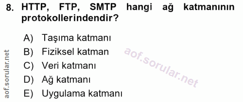 8. soru: HTTP, FTP, SMTP hangi ağ katmanının protokollerindendir? A) Taşıma katmanı B) Fiziksel katman C) Veri katmanı D) Ağ k…