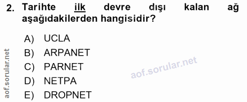 2. soru: Tarihte ilk devre dışı kalan aşağıdakilerden hangisidir? A) UCLA corillar nel B) ARPANET C) PARNET D) NETPA aof. E) D…