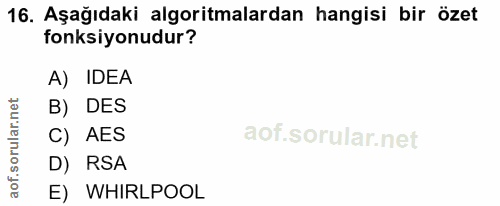 16. soru: Aşağıdaki algoritmalardan hangisi bir özet fonksiyonudur? A) IDEA B) DES C) AES D) RSA E) WHIRLPOOL