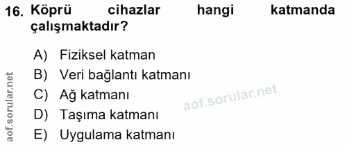 16. soru: Köprü cihazlar hangi katmanda çalışmaktadır? A) Fiziksel katman B) Veri bağlantı katmanı C) Ağ katmanı D) Taşıma katm…