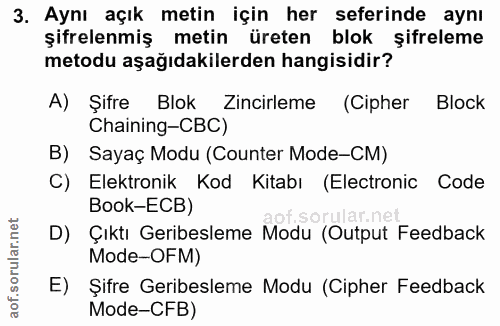 3. soru: Aynı açık metin için her seferinde aynı şifrelenmiş metin üreten blok şifreleme metodu aşağıdakilerden hangisidir? A)…