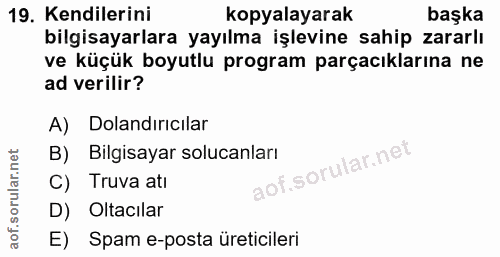 19. soru: Kendilerini kopyalayarak başka bilgisayarlara yayılma işlevine sahip zararlı ve küçük boyutlu program parçacılarına n…