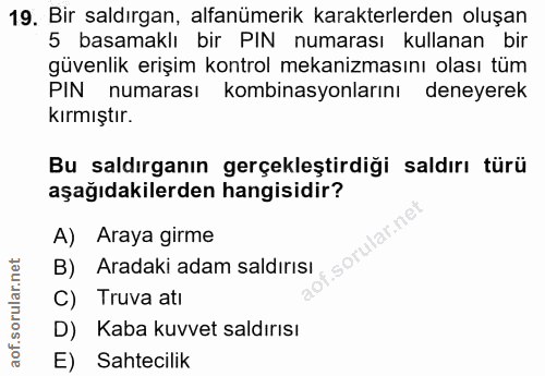 19. soru: Bir saldırgan, alfanümerik karakterlerden oluşan 5 basamaklı bir PIN numarası kullanan bir güvenlik erişim kontrol me…