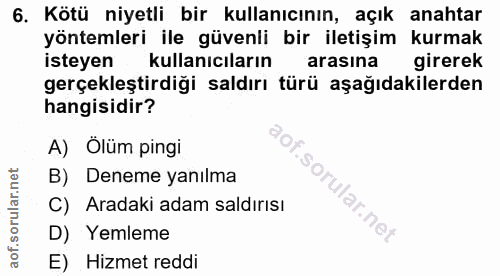 6. soru: Kötü niyetli bir kullanıcının, açık anahtar yöntemleri ile güvenli bir iletişim kurmak isteyen kullanıcıların arasına…