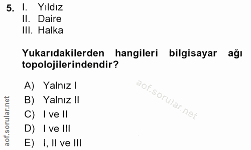 5. soru: 1. Yıldız II. Daire III. Halka Yukarıdakilerden hangileri bilgisayar ağı topolojilerindendir? A) Yalnız l B) Yalnız I…