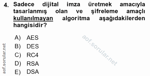 4. soru: Sadece dijital imza üretmek amacıyla tasarlanmış olan ve șifreleme amaçlı kullanılmayan algoritma aşağıdakilerden han…