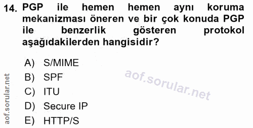 14. soru: PGP ile hemen hemen aynı koruma mekanizması öneren ve bir çok konuda PGP ile benzerlik gösteren protokol aşağıdakiler…