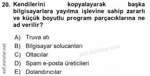 20. soru: Kendilerini kopyalayarak başka bilgisayarlara yayılma işlevine sahip zararlı ve küçük boyutlu program parçacılarına n…
