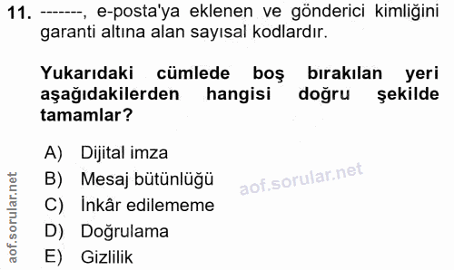 11. soru: --, e-posta'ya eklenen ve gönderici kimliğini garanti altına alan sayısal kodlardır. Yukarıdaki cümlede boş bırakılan…