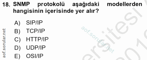 18. soru: SNMP protokolü aşağıdaki modellerden hangisinin içerisinde yer alır? A) SIP/IP B) TCP/IP aof.sorulefyet C) HTTP/IP D)…