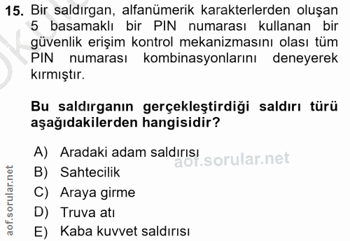 15. soru: Bir saldırgan, alfanümerik karakterlerden oluşan 5 basamaklı bir PIN numarası kullanan bir güvenlik erişim kontrol me…