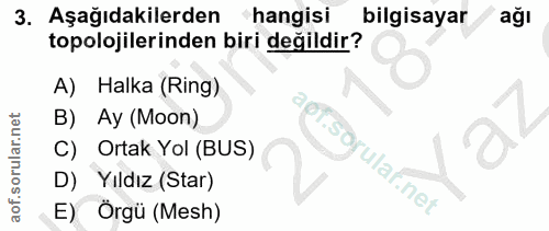 3. soru: Aşağıdakilerden hangisi bilgisayar topolojilerinden biri değildir? A) Halka (Ring) B) Ay (Moon) 10 C) Ortak Yol (BUS)…