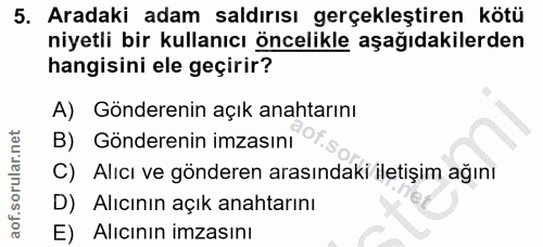 5. soru: Aradaki adam saldırısı gerçekleştiren kötü niyetli bir kullanıcı öncelikle aşağıdakilerden hangisini ele geçirir? A)…
