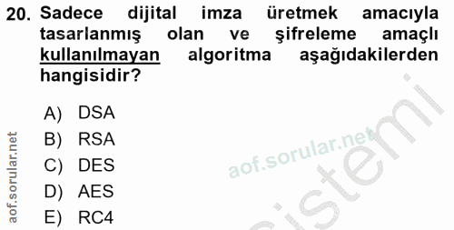 20. soru: Sadece dijital imza üretmek amacıyla tasarlanmiş olan ve şifreleme amaçlı kullanılmayan algoritma aşağıdakilerden han…