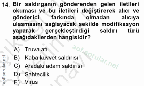 14. soru: Bir saldırganın gönderenden gelen iletileri okuması ve bu iletileri değiştirerek alıcı ve gönderici farkında olmadan…
