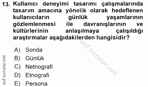 13. soru: Kullanıcı deneyimi tasarımı çalışmalarında tasarım amacına yönelik olarak hedeflenen kullanıcıların günlük yaşamların…