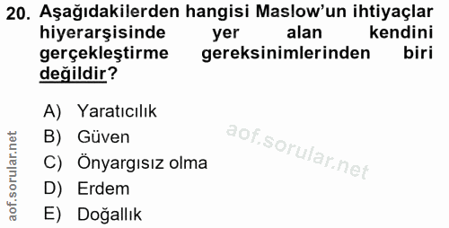 20. soru: Aşağıdakilerden hangisi Maslow'un ihtiyaçlar hiyerarşisinde yer alan kendini gerçekleştirme gereksinimlerinden biri d…