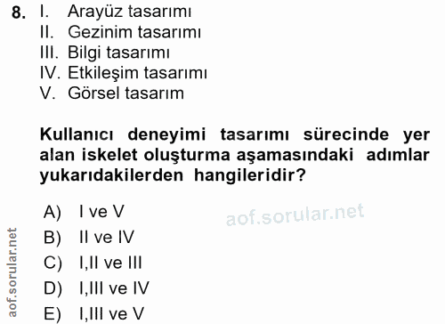 8. soru: I. Arayüz tasarımı Il. Gezinim tasarımı III. Bilgi tasarımı IV. Etkileşim tasarımı V. Görsel tasarım Kullanıcı deneyi…