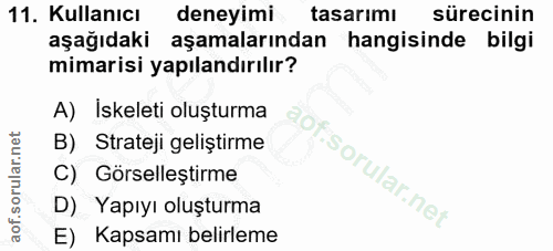 11. soru: Kullanıcı deneyimi tasarımı sürecinin aşağıdaki aşamalarından hangisinde bilgi mimarisi yapılandırılır? A) Iskeleti o…