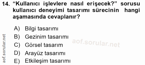 14. soru: "Kullanıcı işlevlere nasıl erişecek?" sorusu kullanıcı deneyimi tasarımı sürecinin hangi aşamasında cevaplanır? A) Bi…