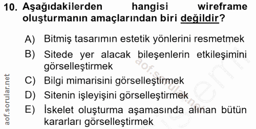 10. soru: Aşağıdakilerden hangisi wireframe oluşturmanın amaçlarından biri değildir? A) Bitmiş tasarımın estetik yönlerini resm…