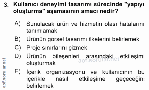 3. soru: Kullanıcı deneyimi tasarımı sürecinde "yapıyı oluşturma" aşamasının amacı nedir? A) Sunulacak ürün ve hizmetin olası…