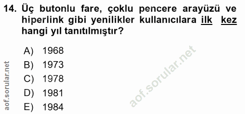 14. soru: Üç butonlu fare, çoklu pencere arayüzü ve hiperlink gibi yenilikler kullanıcılara ilk kez hangi yıl tanıtılmıştır? A)…