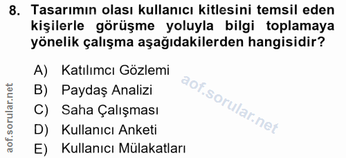 8. soru: Tasarımın olası kullanıcı kitlesini temsil eden kişilerle görüşme yoluyla bilgi toplamaya yönelik çalışma aşağıdakile…