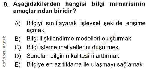 9. soru: Aşağıdakilerden hangisi bilgi mimarisinin amaçlarından biridir? A) Bilgiyi sınıflayarak işlevsel şekilde erişime açma…