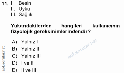 11. soru: I. Besin Il. Uyku III. Sağlık Yukarıdakilerden hangileri kullanıcının fizyolojik gereksinimlerindendir? A) Yalnız / B…