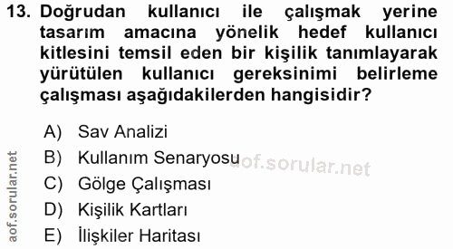 13. soru: Doğrudan kullanıcı ile çalışmak yerine tasarım amacına yönelik hedef kullanicı kitlesini temsil eden bir kişilik tanı…