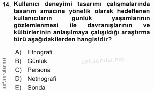 14. soru: Kullanıcı deneyimi tasarımı çalışmalarında tasarım amacına yönelik olarak hedeflenen kullanıcıların günlük yaşamların…