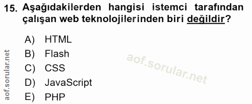 15. soru: Aşağıdakilerden hangisi istemci tarafından çalışan web teknolojilerinden biri değildir? A) HTML B) Flash C) CSS D) Ja…