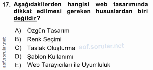 17. soru: Aşağıdakilerden hangisi web tasarımında dikkat edilmesi gereken hususlardan biri değildir? A) Özgün Tasarım B) Renk S…