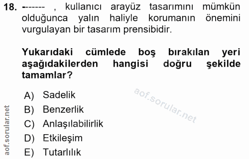 18. soru: - , kullanıcı arayüz tasarımını mümkün olduğunca yalın haliyle korumanın önemini vurgulayan bir tasarım prensibidir.…