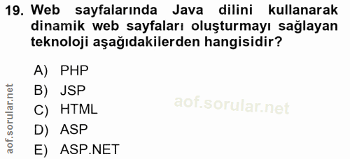 19. soru: Web sayfalarında Java dilini kullanarak dinamik web sayfaları oluşturmayı sağlayan teknoloji aşağıdakilerden hangisid…