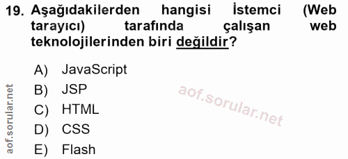 19. soru: Aşağıdakilerden hangisi Istemci (Web tarayıcı) tarafinda çalışan web teknolojilerinden biri değildir? A) JavaScript B…