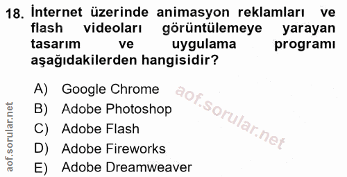 18. soru: İnternet üzerinde animasyon reklamları ve flash videoları görüntülemeye yarayan tasarım ve uygulama programı aşağıdak…