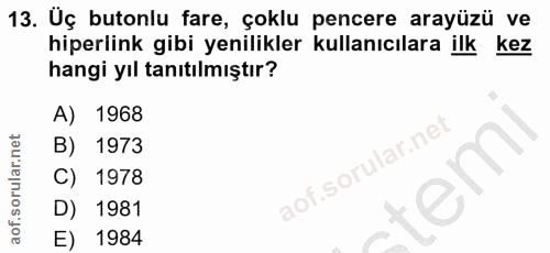 13. soru: Üç butonlu fare, çoklu pencere arayüzü ve hiperlink gibi yenilikler kullanıcılara ilk kez hangi yıl tanıtılmıştır? A)…
