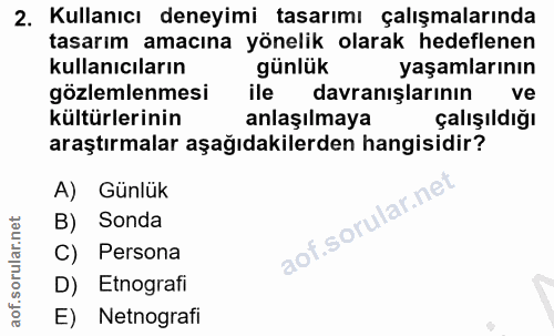 2. soru: Kullanıcı deneyimi tasarımı çalışmalarında tasarım amacına yönelik olarak hedeflenen kullanıcıların günlük yaşamların…